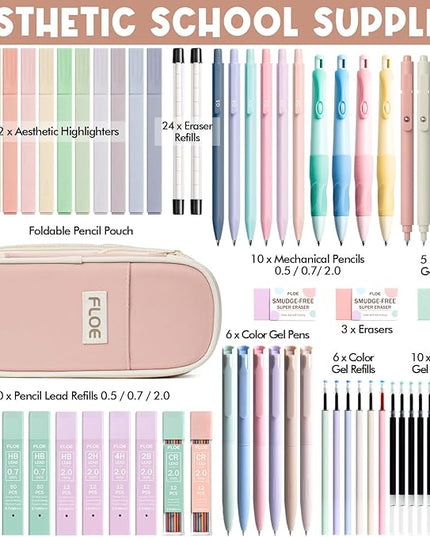 65PCS Aesthetic School Supplies with Cute Pencil Case, Pastel Highlighters Gel Pens Mechanical Pencils Set 0.5 0.7 & 2.0mm, Office Back to School Supplies College Essentials Kit Student Stationary Set
