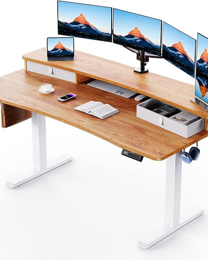 HUANUO 60″ x 30″ Electric Standing Desk with 2 Drawers, C-Clamp Mount Compatible, Height Adjustable, Home Office Stand Up Computer Desk with 4 Preset Heights & 2 Hooks, Light Vintage