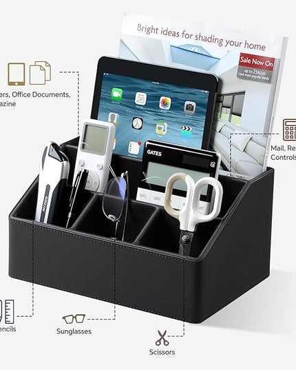 Cretkhp Remote Control Holder with 5 Compartments for Office Art Supplies, PU Leather Nightstand Organizer Pencil Pen Desk Caddy for Home, Desktop TV Remote Control Organizer Storage (Black)