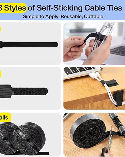 [313Pcs] Cable Management Kit, 67 Adhesive Cable Clips, Topavatop Desk Cord Organizer, 22 Reusable Cable Strap, 4 Cable Sleeve Split, 200 Nylon Cable Zip Ties with 20 Mounts for TV Office Home, Black