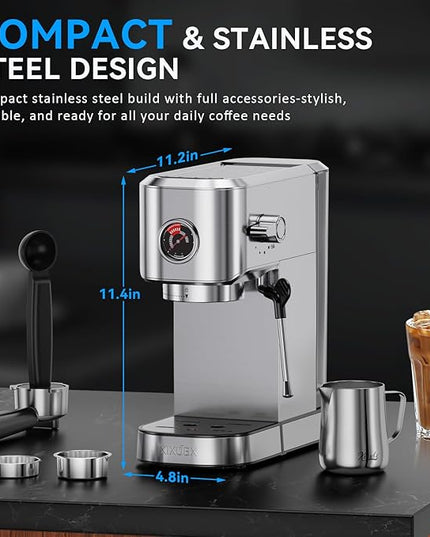 20Bar Espresso Machine, Compact Espresso Maker with Milk Frother, Stainless Steel Coffee Machine for Cappuccino&Latte, 42oz Water Tank, Visible Pressure Gauge, Home&Office, Silver