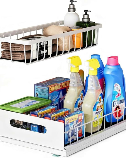 Under Sink Organizer, 2 Tier Pull-Out Cabinet Storage Shelf, Rust-Resistant Metal Organizer for Kitchen Bathroom Laundry Room, No Tools Installation, 1 Pack White