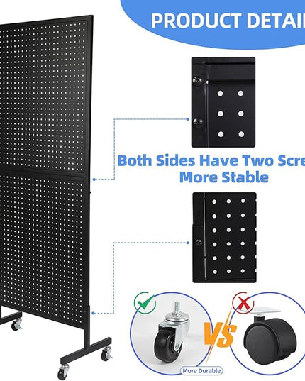 2'x 5' Standing Pegboard Display with T-Base, Pegboard Display Stand with Wheels, Metal Peg Board Display Rack, Art Display Stand, Extra 10 Pieces Hooks - Black