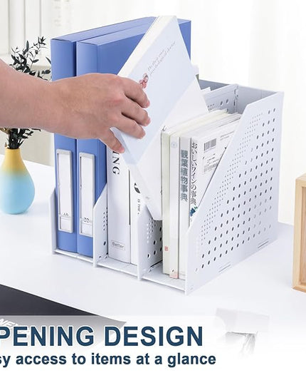 Collapsible Magazine File Holder with 3 Vertical Compartments Foldable Binder Holder for Desk Binder Storage Organizer Plastic Magazine Holders for Shelf, Light Gray