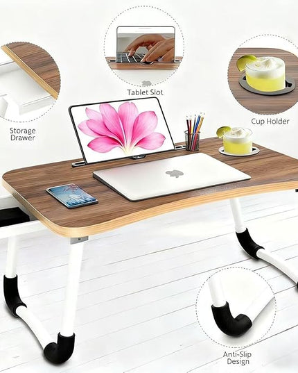 Fayquaze Portable Foldable Laptop Bed Desk with Storage Drawer and Cup Holder - Lap Desk Laptop Stand Tray Table for Eating, Reading and Working