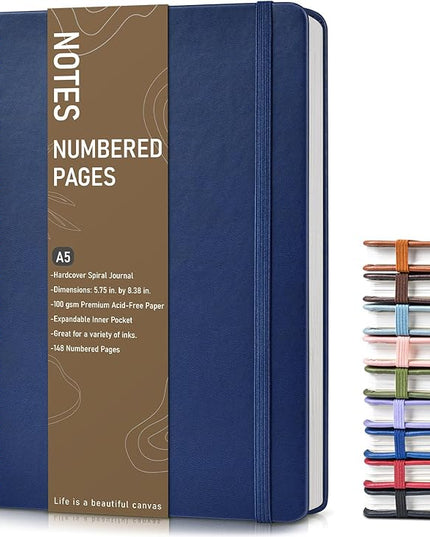 Lined Spiral Journal Notebook, A5 Hardcover Spiral Journals for Women Men, 150 Numbered Pages Spiral Bound Notebook, 100 GSM College Ruled Notebooks for Writing Note Taking 5.75" x 8.38", Navy Blue