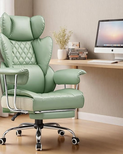COMHOMA Big and Tall Office Chair, High Back Leather Gaming Chair with Footrest, Executive Ergonomic Office Chairs with Pocket Spring Lumbar Support and with Outward Fixed Soft Armrests