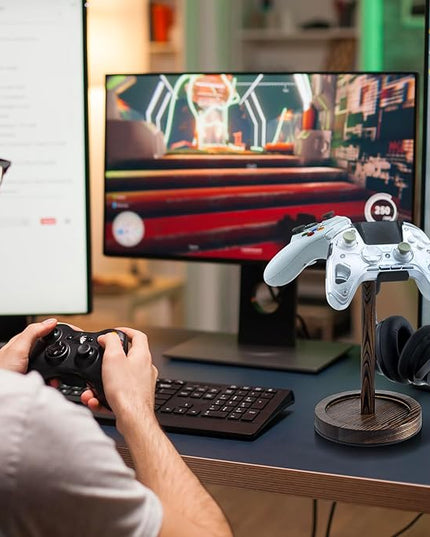 MyGift Industrial Matte Black Metal Headphone Stand with Burnt Wood Tray – Desktop Headset and Gaming Controller Holder for Office, Studio, or Console Setup