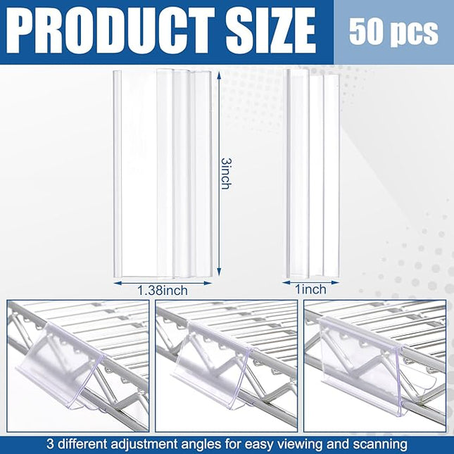 Kathfly 50 Pack Wire Shelf Label Holders Shelf Cable Tags for Wire Shelving 3 Viewing Angles 3" Adjustable Clear Plastic Rack Label Holder Retail Clips Compatible with 1-1/4in Metro Shelving