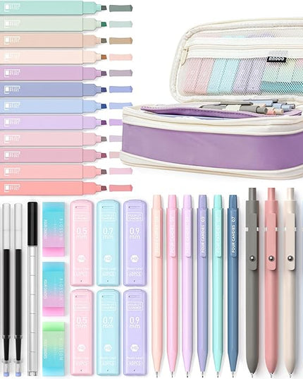 Four Candies 39 PCS Aesthetic School Supplies with Cute Pen Case, 12 Pastel Highlighters, 5 Black Ink Gel Pens, 6 Mechanical Pencils Set for Students Stationary College Essentials (Purple)