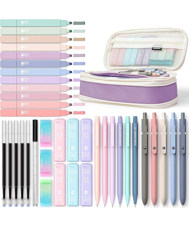 Four Candies 39 PCS Aesthetic School Supplies with Cute Pen Case, 12 Pastel Highlighters, 5 Black Ink Gel Pens, 6 Mechanical Pencils Set for Students Stationary College Essentials (Purple)