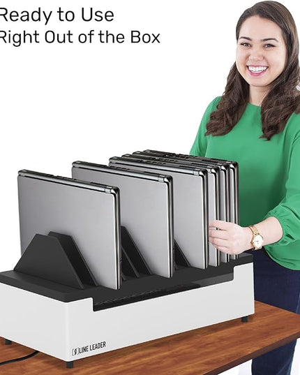 Line Leader 12-Device Open Charging Station | Compact Desktop Charger for Laptops, Tablets, & Chromebooks | Space-Saving Design with Adjustable Dividers & UL Safety-Certified Power Strip