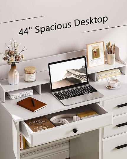 4 EVER WINNER White Desk with Drawers, Small Desk with File Drawer for Small Spaces, Writing Desk with Monitor Stand Wood Table for Study Home Office, White