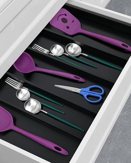 Utoplike Bamboo Drawer Organizer Kitchen Utensils, Adjustable Black Silverware Holder and Cutlery Tray Organiser, Expandable Drawer Divider for Flatware, Knives in Kitchen, Bedroom, Living Room