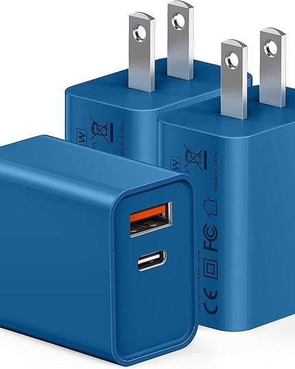 USB C Wall Charger, 3Pcs 20W PD + QC3.0 USBC Charger Block Super Fast Power Output Rapid Charging Box Wall Plug Cube for iPhone 16/17, Samsung Galaxy S24, Motorola, LG, Google Pixel 6Pro(Sea Blue)