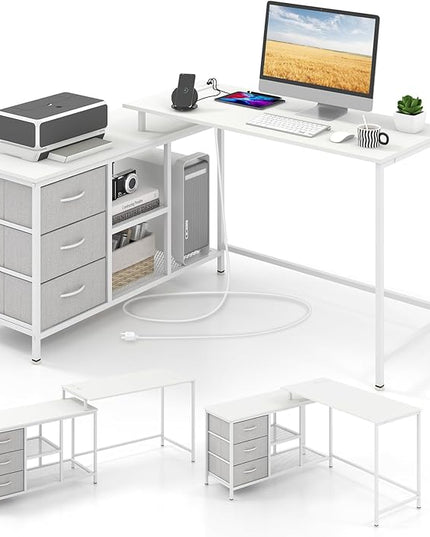 Tangkula 81 Inch L-Shaped Desk with Power Outlet, Convertible Corner Desk with Drawers & Shelves, Office Desk for Working, Studying, Gaming (White)