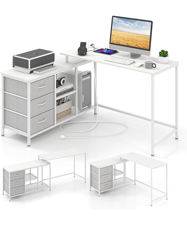 Tangkula 81 Inch L-Shaped Desk with Power Outlet, Convertible Corner Desk with Drawers & Shelves, Office Desk for Working, Studying, Gaming (White)