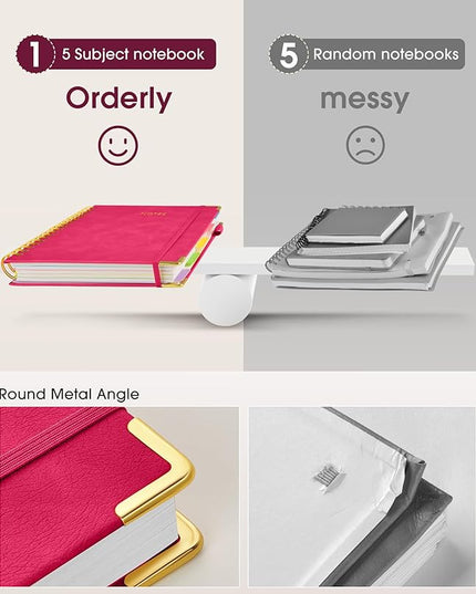 Hardcover Spiral Notebook Journal with Removable Dividers Tabs, 300 Pages Leather 5 Subject Notebook College Ruled, 8"x10" Large B5 Notebooks for Work School Note taking, Lined Journal for Women, Rose