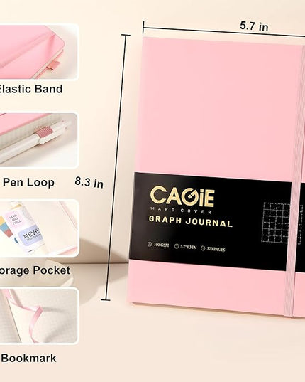CAGIE Graph Paper Notebook 320 Pages 100 GSM Graphing Grid Journal B5 Hardcover Leather Quad Ruled Notebooks for Engineering, Math, Work, Pink