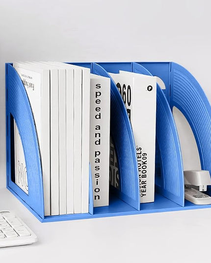 SAYEEC Sturdy Magazine Holder Plastic 4 Compartment Desk File Organizer Vertical Documet A4 File Divider Paper Storage Magazine Rack for Office Home School Organizer Box(Bule)