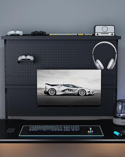 KEIKI Clamp-On Desk Pegboard with Single Monitor Stand, 43" x 35" Steel Peg Board Office Organizer with Hooks, Movable Panel & Shelf for Office Supplies, Gaming Setup & Desk Organization, Black