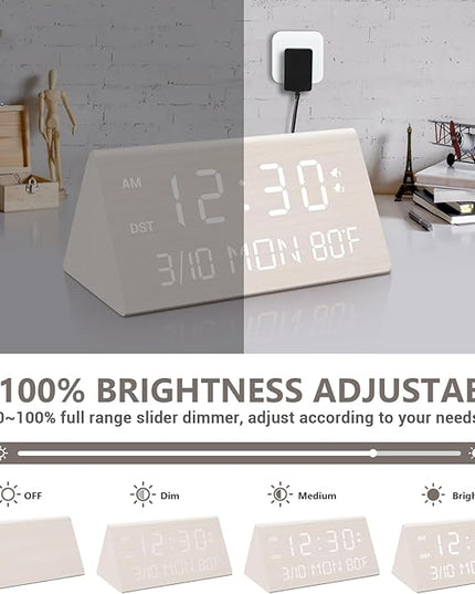 Kogonee Wooden Digital Alarm Clock, 0-100% Dimmer, 2 Alarm Settings, Weekday/Everyday Mode, 9 Mins Snooze, 12/24H, Temperature and Date Display for Office, Travel, Bedroom Alarm Clock (White)