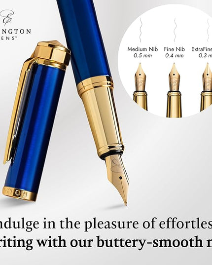 Ellington Pens Luxury Fountain Pen Set - Smooth Medium Nib - Includes 3 Ink Cartridges, Refillable Ink Converter, Gift Box- Fountain Pens For Writing, Calligraphy, Journaling, Sketching (The Nautilus)