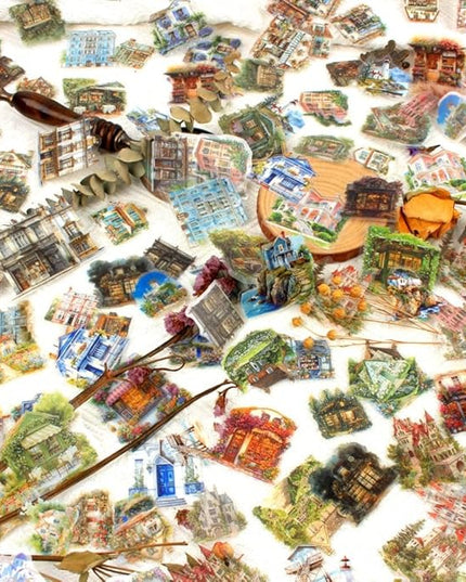 Dwpetzo 6 Pack 180Pcs Nature Scenery Tree House Cottage Castle Manor Scene Stickers for Journaling, Transparent PET Stickers for Scrapbooking, Junk Journal Supplies, Bujo, Collage