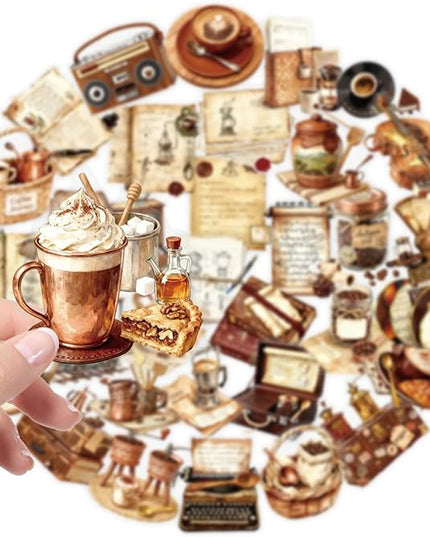50Pcs Vintage Coffee Stickers for Scrapbooking, Journal, Photo Album, Kindle, Laptop, Refrigerators, Suitcase, Waterproof PET Transparent Aesthetic Decals