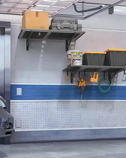 2-Pack 2x3ft Garage Shelving Wall Mounted, 2' x 3' Heavy Duty Garage Storage Shelves with Hooks, 400LB Capacity
