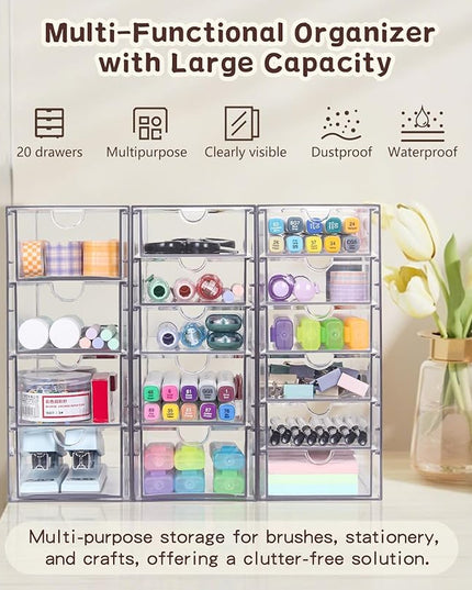 VZKAH Clear Acrylic Organizer with Drawers | 15-Drawer Desktop Unit | Makeup & Desk Organization and Storage Box for Office, Craft, Vanity Table, Bathroom, Home Essentials