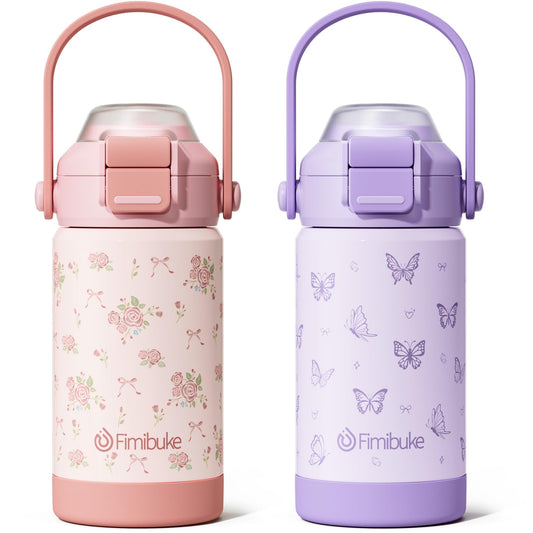 Fimibuke 14oz Kids Insulated Water Bottle with 2-in-1 Straw & Spout Lid