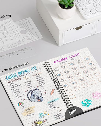 AHGXG Bullet Dotted Journal - Dot Grid Spiral Notebook A5, 160 Pages, 100 GSM Thick Paper, Waterproof Plastic Cover Journals for Bullet Journaling, Sketching, 5.7" x 8.3", Black
