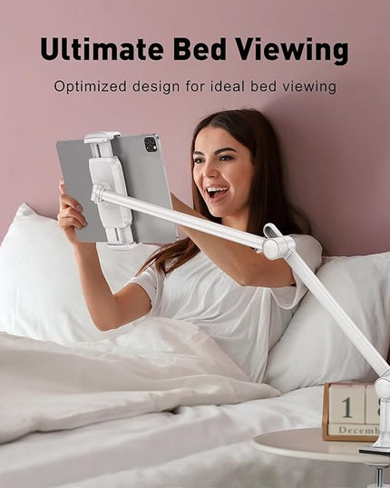 AboveTEK Tablet Stand Holder for Desk & Bed, Aluminum iPad Holder Arm with 360° Rotating Clamp, Adjustable Phone Stand Compatible with 4.7"-13.5" iPad Pro/Air/Mini, iPhone, Galaxy Tab- White