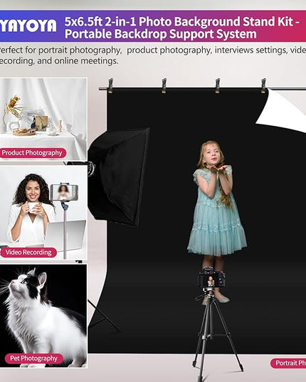 Black White Backdrop Screen with Stand Kit 5x6.5ft for Photo Video Studio, 2-in-1 Revisible Black Backdrop White Screen with T-Shaped Photography Background Support Stand and 5 Clamps