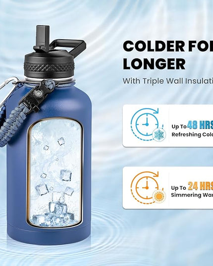 Insulated Water Bottle 64 oz, Triple Wall Vacuum Stainless Steel (Cold for 48 Hrs), Leak Proof & Non-BPA, Half Gallon Water Flask Jug with Paracord Handle & Straw Spout Lids, Navy Blue