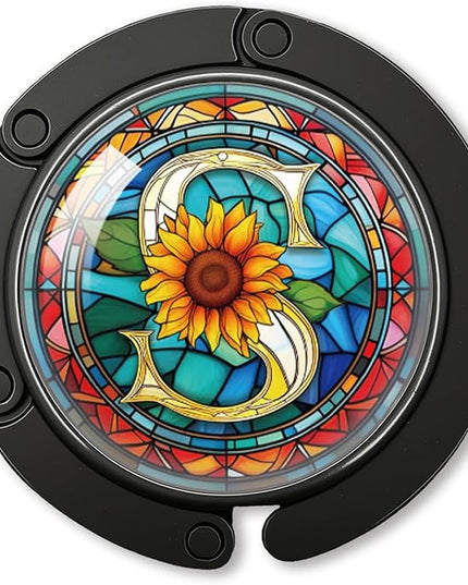 YAZMEEN Stained Glass Initial Foldable Purse Hook for Table, Stained Glass Letter S, Women's Handbag Hanger Holder, Portable Purse Table Hanger, Funny Desk Hook Gifts for Mom Wife Sister Friend BFF