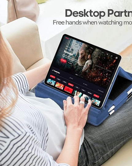 KDD Tablet Pillow Stand, Multi-Angle Viewing Ipad Holder for Lap, Bed and Desk, Foldable Soft Pad Dock with Stylus Mount Compatible with Ipad Pro 12.9, 10.5, 11, Air, Mini, Phones, Books, E-Reader