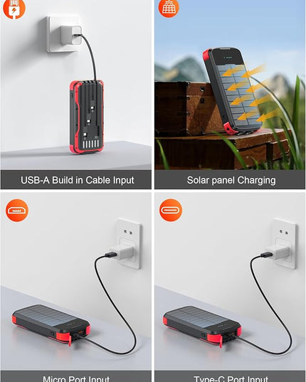 Solar Charger Power Bank, PD 20W Fast Charging External Batter, 40000mAh Portable Phone Charger Built in 4 Cables with Dual Bright Flashlights for Camping, Hiking, and Outdoor Use（RED）
