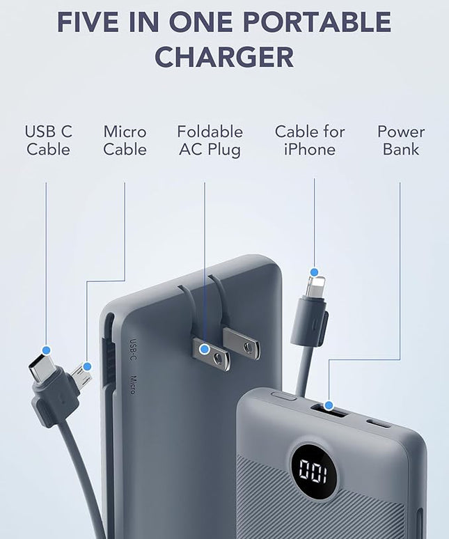 VRURC Portable Charger Built-in Cables and AC Wall Plug, USB C Power Bank 10000mAh, Travel Battery Portable Phone Charger Compact Lightweight External Battery Pack for Smart Phones, Tablets etc-Grey
