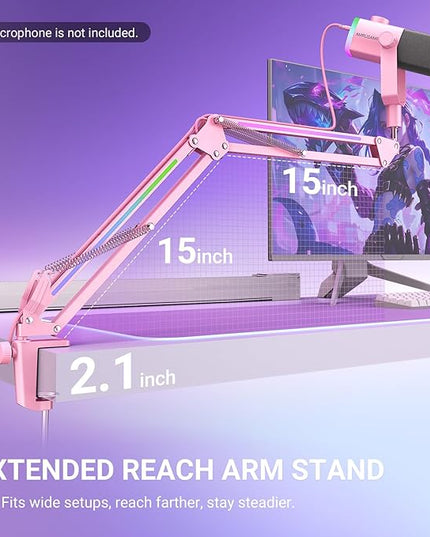 FIFINE Microphone Boom Arm, Metal Adjustable Mic Arm Stand with RGB Button, 3/8” to 5/8” Screw Adapter, Desk Mount Clamp, Suspension Scissor Mic Stand for Gaming Streaming Podcast-AmpliGame BM38P