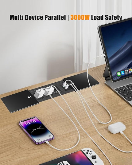 Connectivity Box Conference Table Power Box with 3 Power Sockets + 2 USB Charger, 9.8ft Power Cord, Aluminum Alloy Embedded Tabletop Outlet for Office, Conference Room, Kitchen Countertop