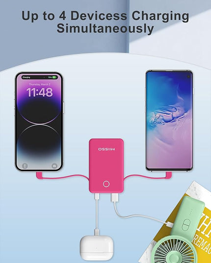miisso 6000mah Ultra Slim Built in Cables Power Bank, Card Size Built in USB C Cords Battery Pack Portable Charger for Phones, 3 Output External Battery Pack Compatible with iPhone, Plum Red