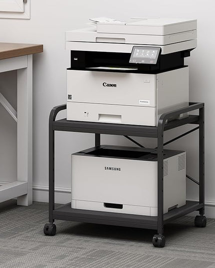 2 Tier Under Desk Printer Stand with Storage, 20 Inches Deep Large Printer Table with Height Adjustable Shelf, Rolling Printer Cart with Wheels for Home Office - Black