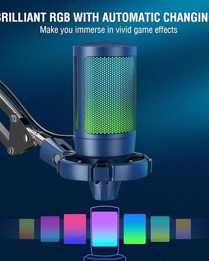 FIFINE USB Gaming Streaming Recording PC Microphone Kit, RGB Condenser Computer Mic Bundle for Podcasts, Audio, Vocal, Video on Mac/Desktop/Laptop, with Boom Arm Stand-A6T Blue