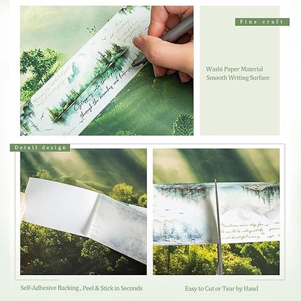AuriicLeaf Mountain Forest Washi Tape Set, 6 Rolls with Poetic Text and Gold Foil Accents, Includes Clip for Scrapbooking, Journaling, and Planner Supplies