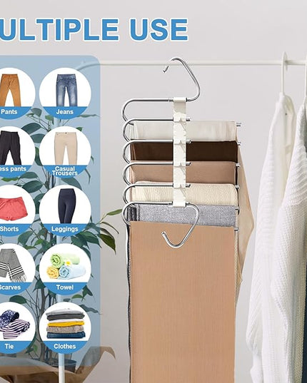 Upgrade 6 Layers Pants Hangers Space Saving, 2 Pack Non Slip Stainless Steel Multifunctional Pants Rack S-Type Pant Closet Hanger Organizer with Hooks for Pants Leggings Trousers, Antiquewhite