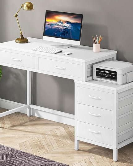 Tribesigns Computer Desk with 5 Drawers, Home Office Desks with Reversible Drawer Cabinet Printer Stand, Industrial PC Desk with Storage, White Study Writing Table Workstation for Small Spaces