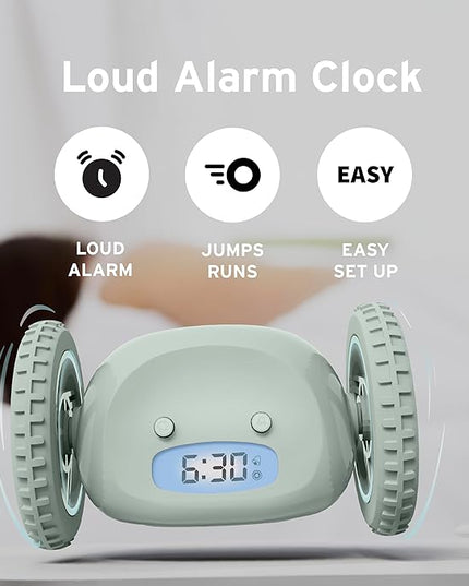 CLOCKY Extra Loud Alarm Clock for Heavy Sleepers on Wheels Rolls Runs Away Vibrating, Easy to Set Super Smart Snooze Digital Bed Shaker Alarm Clock Funny Gift for Adults Kids Teens Bedrooms (Sage)
