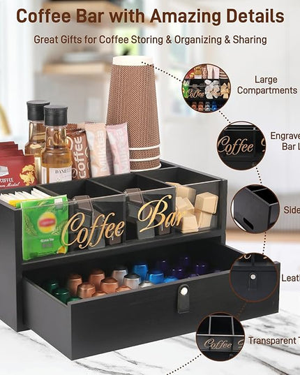 Intarsio 2-Tier Coffee Bar Organizer with Clear Acrylic Top, Built-in Drawer and Leather Handle Pull for Countertop, Stylish Coffee Station Storage Box for Accessories, Pods, Great Gifts for Home